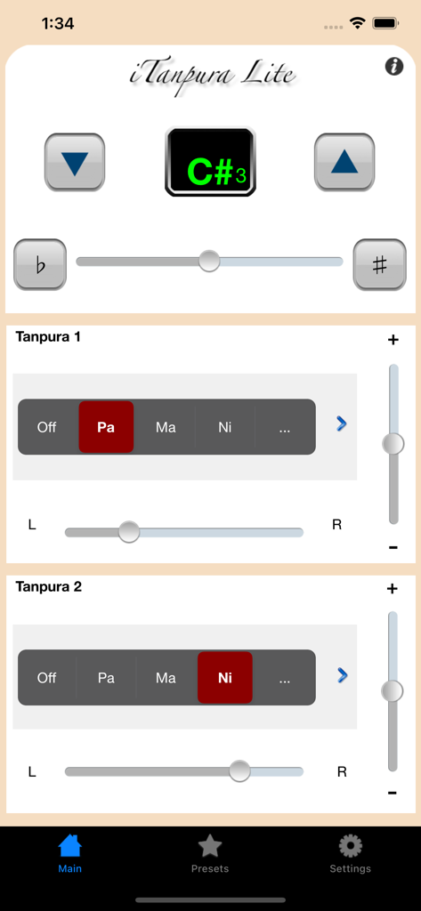 iTanpura Lite - Interfaz principal de iTanpura Lite que muestra controles de tono digital y ajustes de afinación de tanpura dual