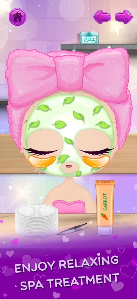 Chibi Dress Up Beauty Salon - Uma boneca chibi fofa com uma grande faixa de laço rosa e uma máscara facial de folha verde recebendo um tratamento de spa relaxante.