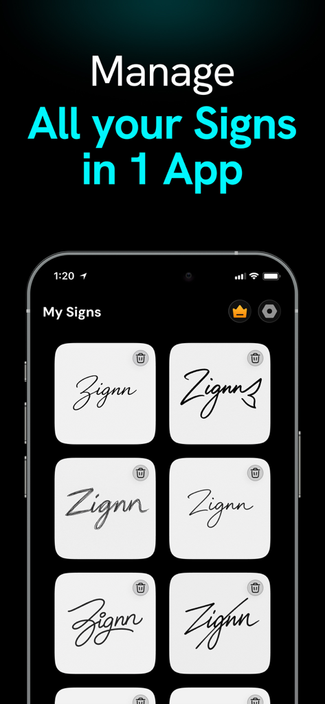 AI Signature Maker・Generator - Interfaz de la aplicación móvil mostrando una biblioteca de firmas digitales profesionales guardadas en varios estilos.