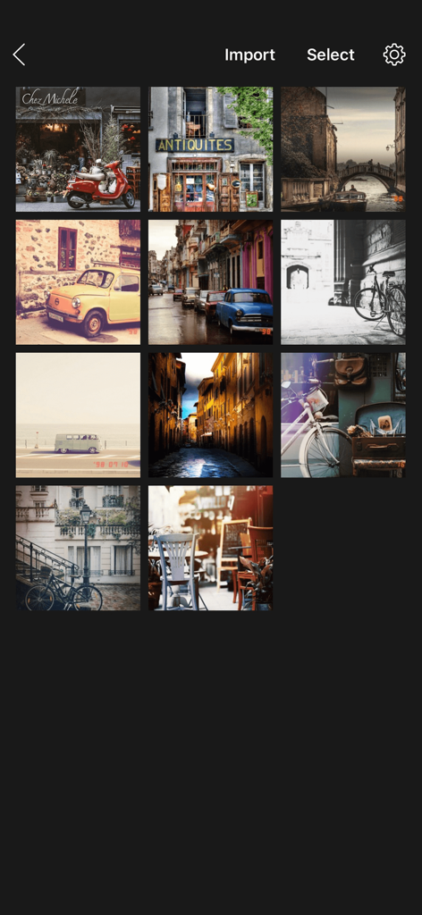 Une grille de photos éditées avec des filtres pellicule rétro et des effets vintage dans la galerie de l'application 1998 Cam.