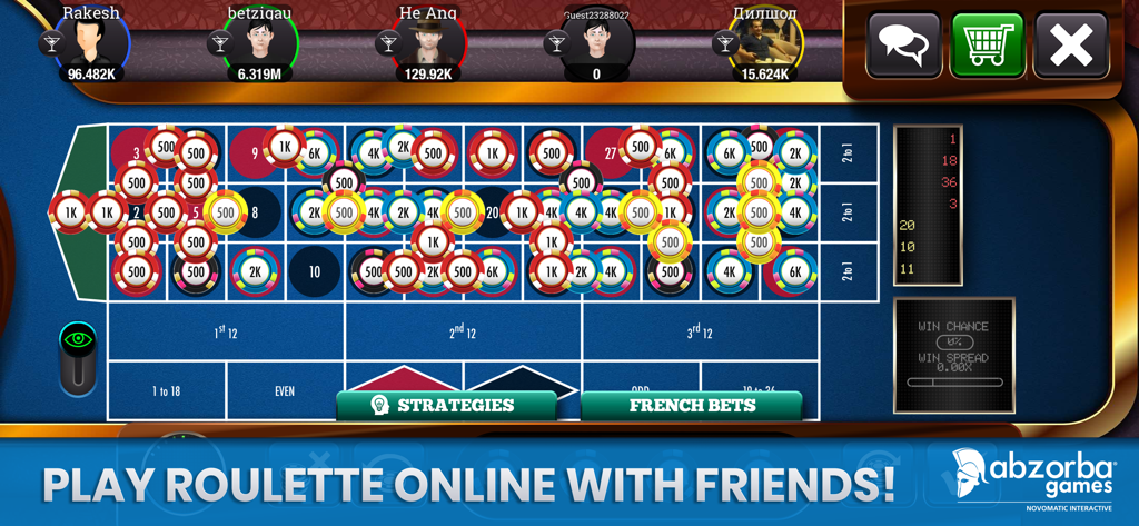 Un tavolo da roulette digitale coperto di fiches nel'app Roulette Live Casino con un banner che dice gioca online con gli amici