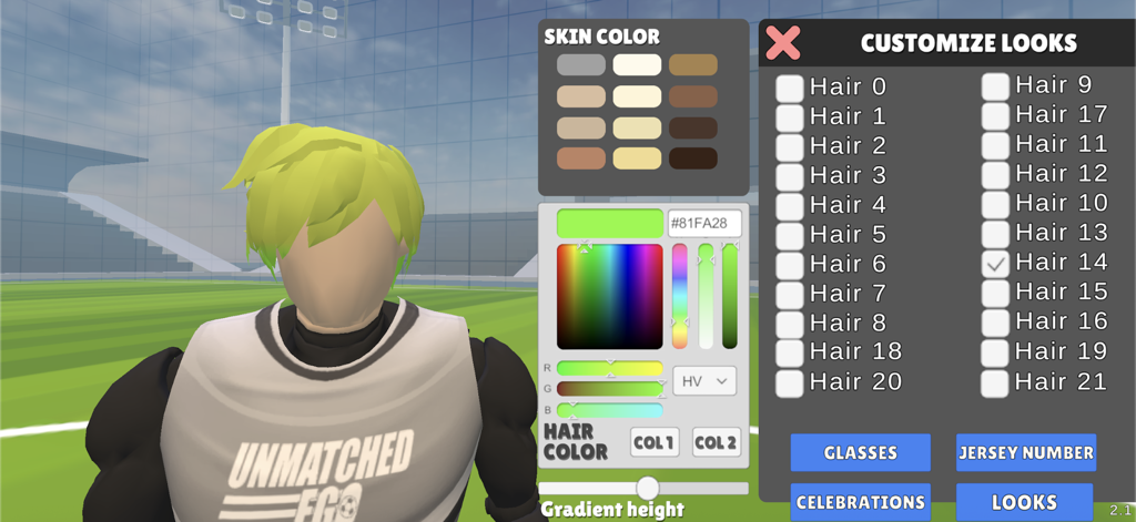 In-game character customization screen showing hair style and color options for a soccer player