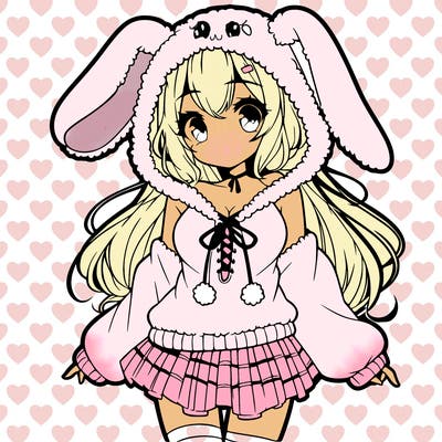 pretty anime girl wearing a fluffy hoodie with bunny ears on the hood and a skirt