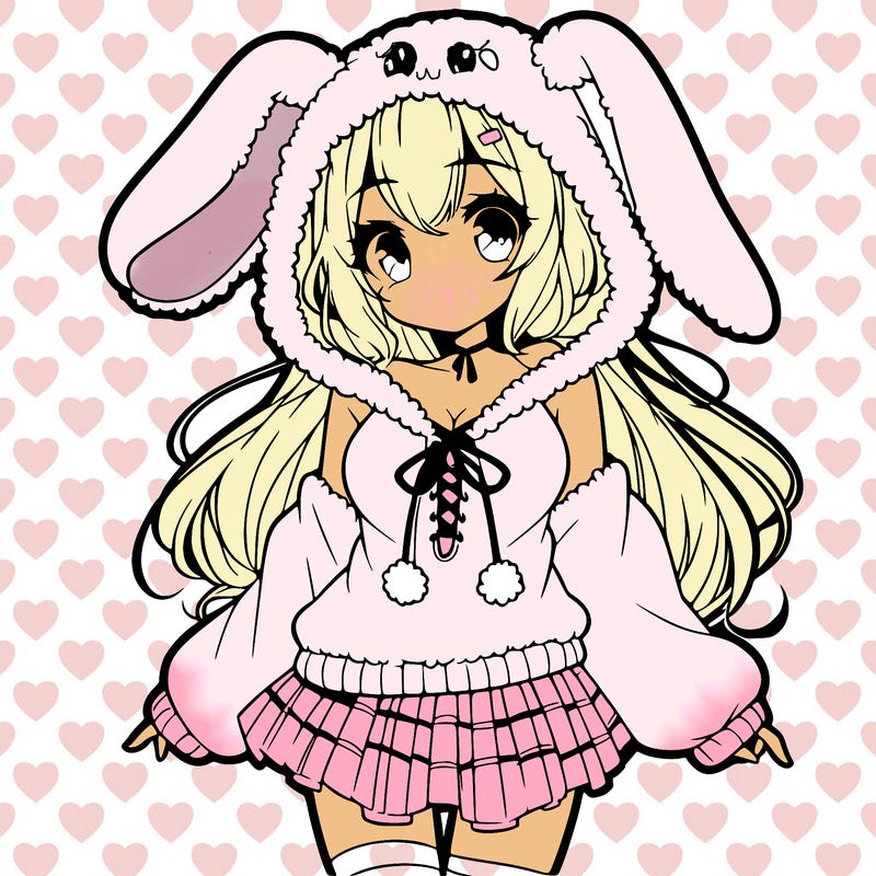 pretty anime girl wearing a fluffy hoodie with bunny ears on the hood and a skirt