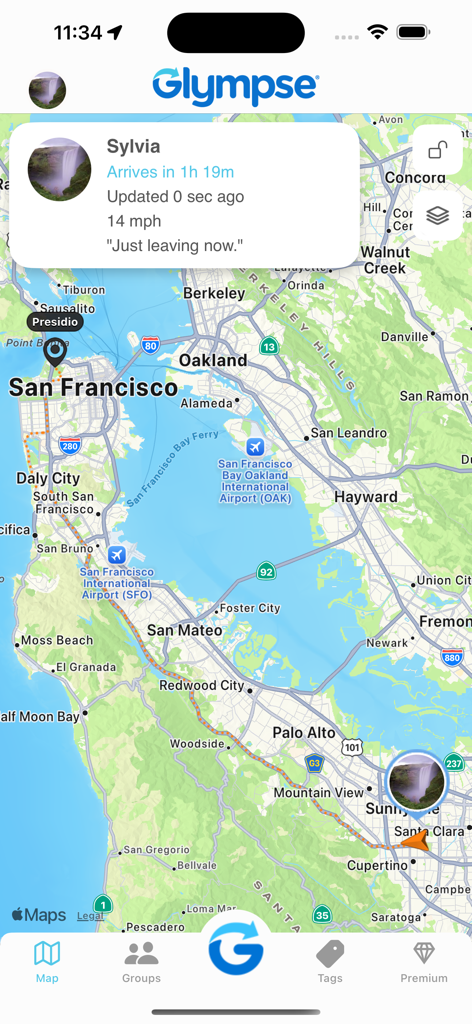 Glympse app showing a real-time location share with an estimated arrival time on a map of San Francisco