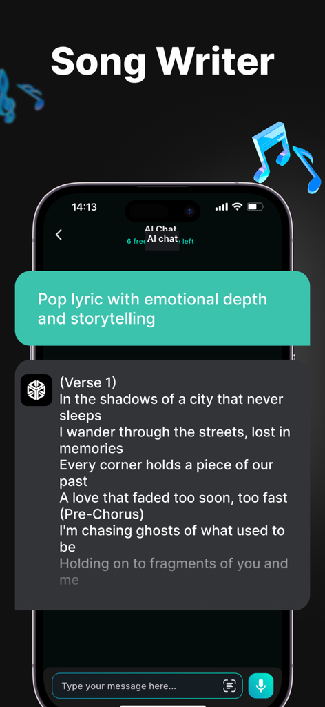 IA Chatbot Assistant - GemAI - IA Chatbot Assistant GemAI-Oberfläche, die die Erstellung emotionaler Pop-Songtexte zeigt