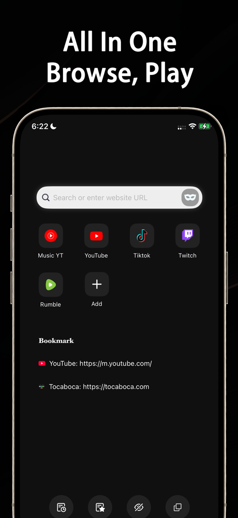 Video Tube：Video&Music Player - Interfaz de navegador de video todo en uno que muestra enlaces rápidos a YouTube y TikTok