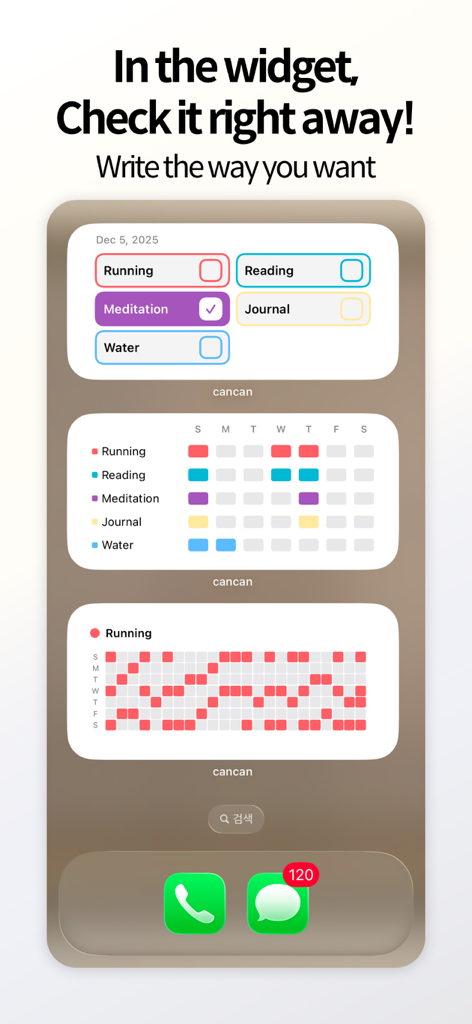 cancan: make your everyday - A variety of aesthetic habit tracking widgets on an iPhone home screen showing daily checklists and weekly progress for activities like running and meditation.
