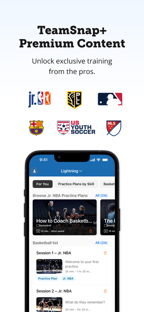 TeamSnap - TeamSnap plus premium content screen showing youth sports training plans from professional leagues like the NBA and MLB