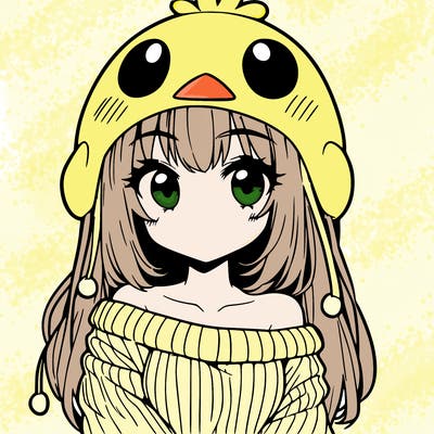 anime girl with chick shaped hat with sweater with bare shoulders with bangs covering them one eye with low tail