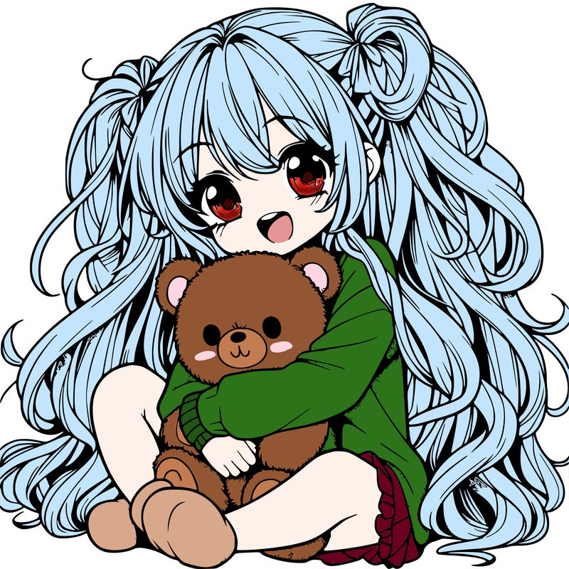 manga girl, long curly hair, happy, cuddling a teddy bear