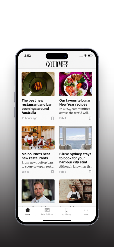 Gourmet Traveller - Gourmet Traveller App Startbildschirm mit Essensrezepten und Luxusreiseführern.