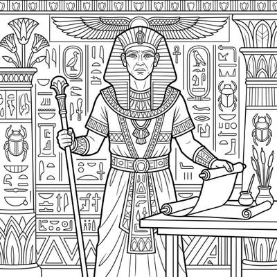 Explore the grandeur of ancient Egypt with this captivating coloring page featuring a powerful Vizier. Bring to life the detailed regalia and symbolic background, perfect for history buffs and coloring enthusiasts alike.