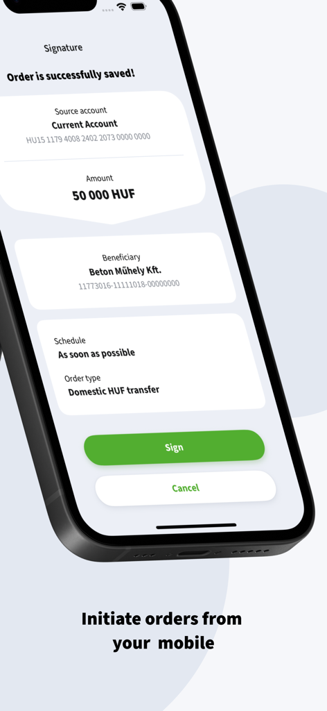 OTP Business app screen for signing a domestic HUF transfer order