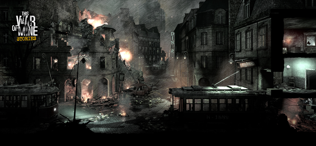 This War of Mine: Stories - Rua escura e atmosférica de cidade devastada pela guerra à noite sob chuva forte em This War of Mine Stories