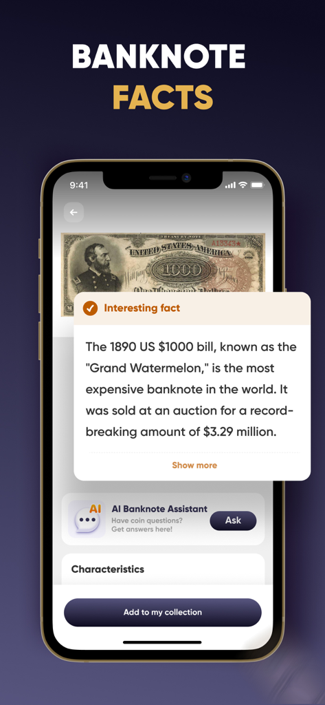 Banknote ID: Note Identifier - Ein Bildschirm aus der Banknote ID App zeigt historische Fakten über eine seltene 1000-Dollar-Banknote der USA von 1890, bekannt als 'Grand Watermelon'.