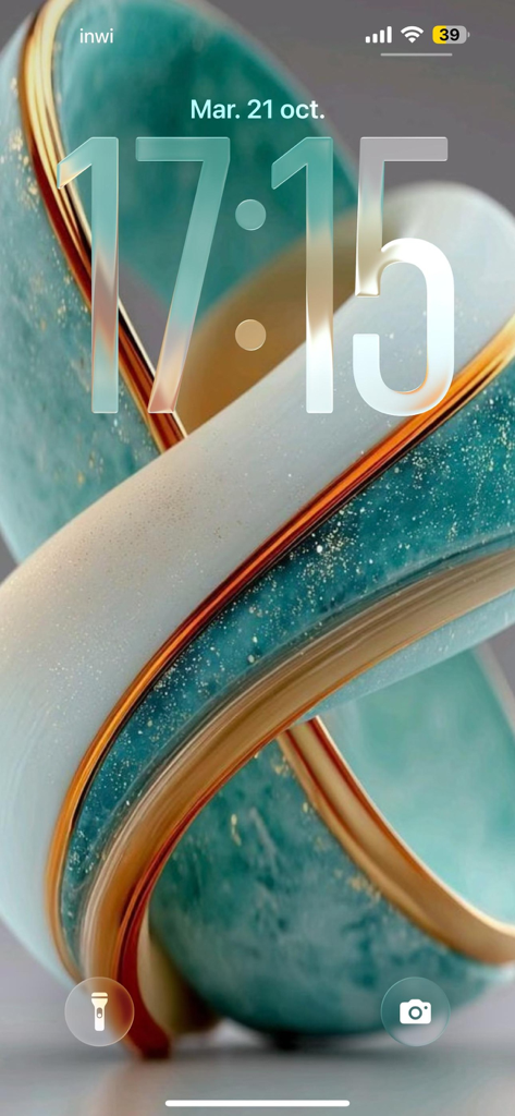 Abstrakter 3D-wirbelnder türkisfarbener und goldener Hintergrund auf einem iPhone-Sperrbildschirm