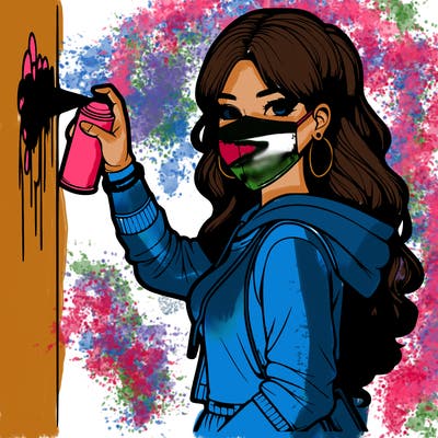 realistic girl with mask spray painting a wall