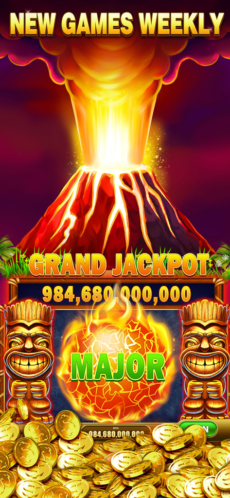 Pantalla de juego de Slots Riches con temática de volcán y una gran ganancia de bote