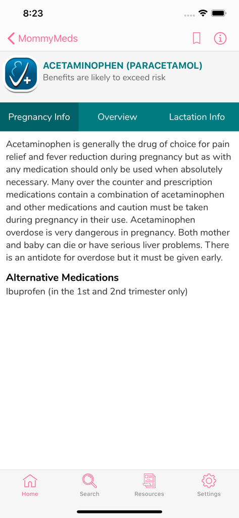 MommyMeds - MommyMeds app interface showing safety information and risks for taking acetaminophen during pregnancy.