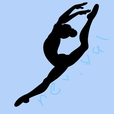 gymnast doing a leap in a leotard with a bent back leg