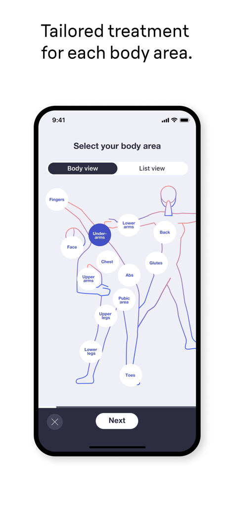 Interfaz de la app Braun IPL para seleccionar áreas específicas del cuerpo para un tratamiento de depilación personalizado