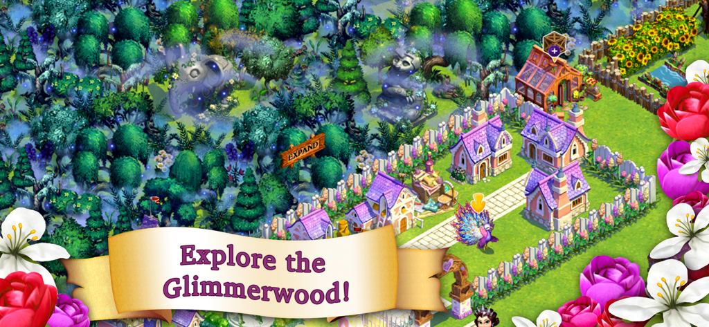 Castle Story™ - Ein farbenfrohes Dorf in Castle Story neben einem geheimnisvollen Wald mit einem Banner zur Erkundung des Glimmerwood