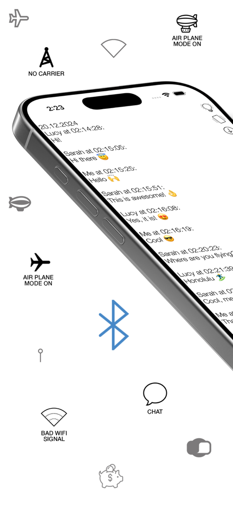 B-Chat - Simple Bluetooth Chat - B-Chat app interface showing offline group messaging via Bluetooth in airplane mode