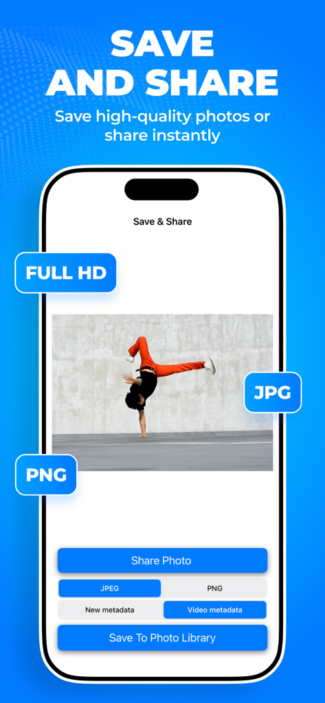 Video to Pic - Interfaz de la aplicación mostrando opciones para guardar y compartir fotos Full HD de alta calidad de videos