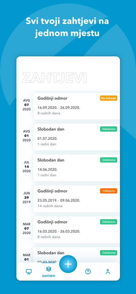 Ecrã móvel a mostrar uma lista de pedidos de folgas e férias com indicadores de estado na App Away