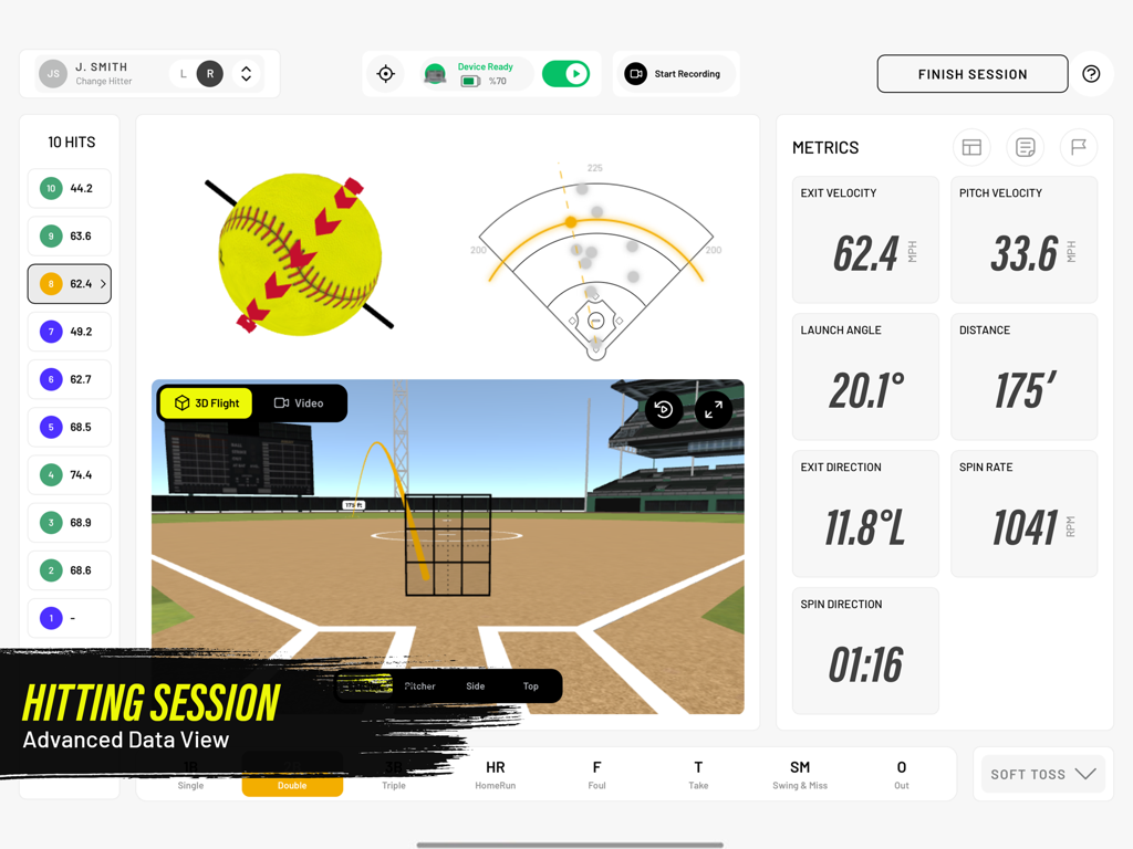 Rapsodo Softball - Rapsodo Softball app advanced hitting session dashboard with ball flight visualization and performance metrics.