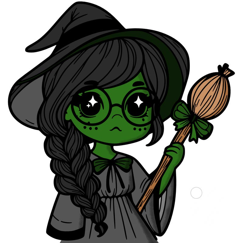a witch with a braid and two glasses