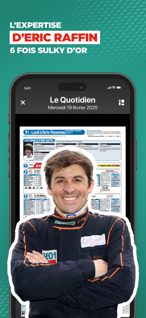 Geny Courses app screenshot showing horse racing expert Eric Raffin and daily racing tips