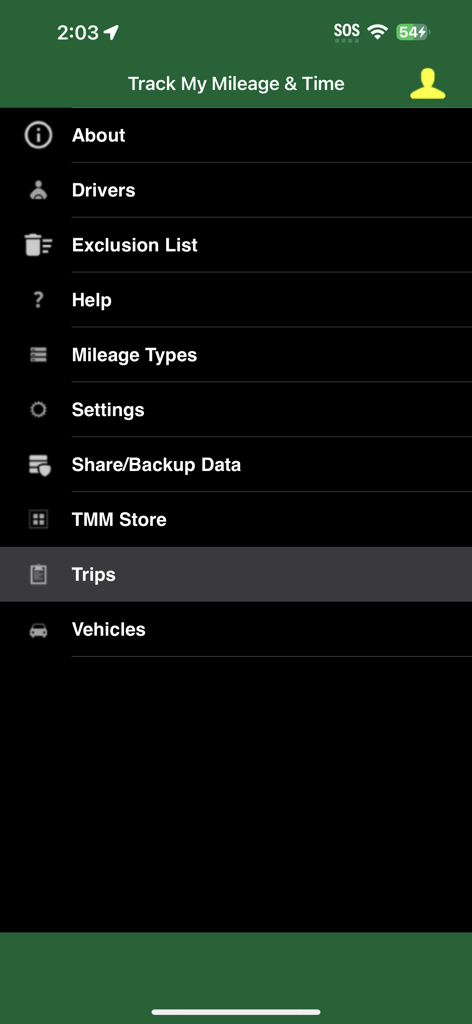Track My Mileage And Time - Main navigation menu of the Track My Mileage and Time app showing categories like drivers mileage types trips and vehicles