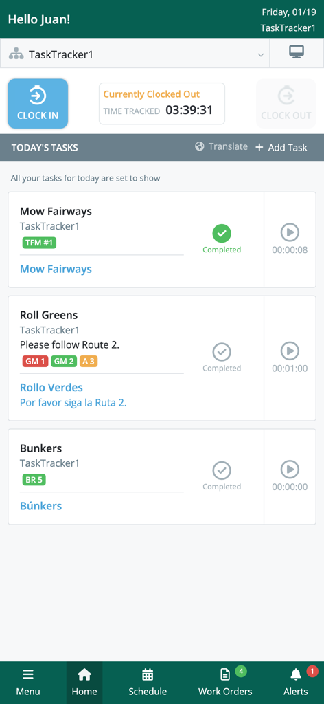 ASB Employee - Mobile dashboard of the ASB Employee app displaying daily maintenance tasks like mowing fairways and a clock in button