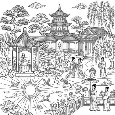 Step back in time to the majestic Zhou Dynasty with this exquisite summer scene coloring page. Explore a serene Chinese garden, complete with ancient architecture, graceful figures, and vibrant natural elements awaiting your creative touch.
