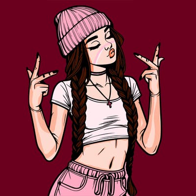 realistic teenage girl with braids and a beanie and crop top doing 🫶🏼