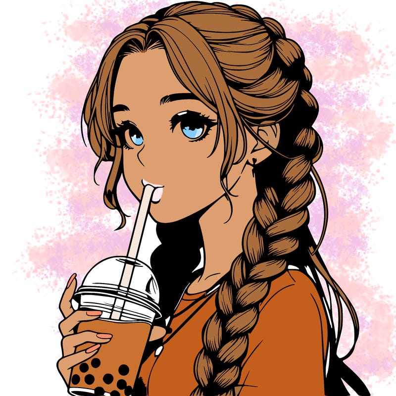 realistic girl with braided hair drinking boba