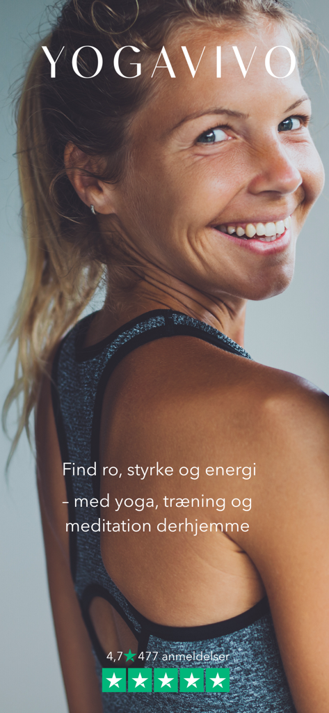 Yogavivo - Mujer sonriente en la pantalla de introducción de la aplicación Yogavivo para clases de yoga y meditación en casa.