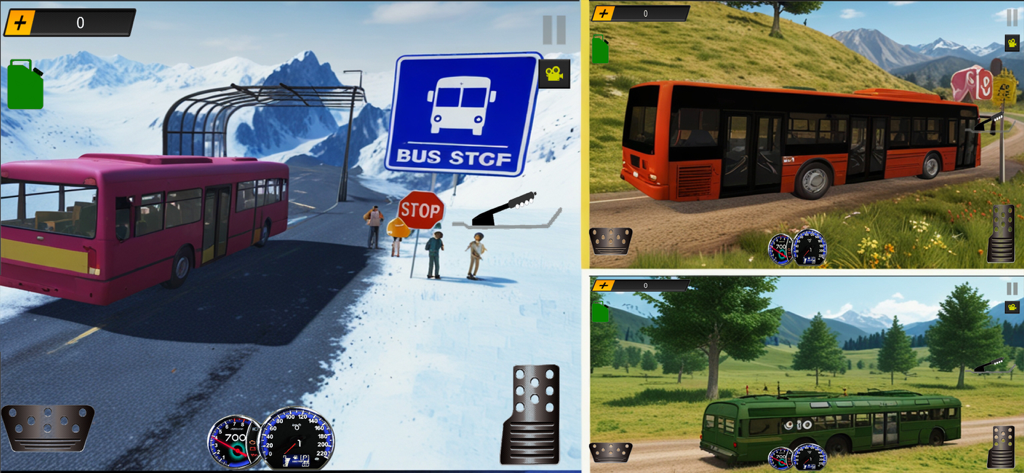 Gameplay screenshots of Offroad Bus Drive showing different buses in snow and mountain terrains