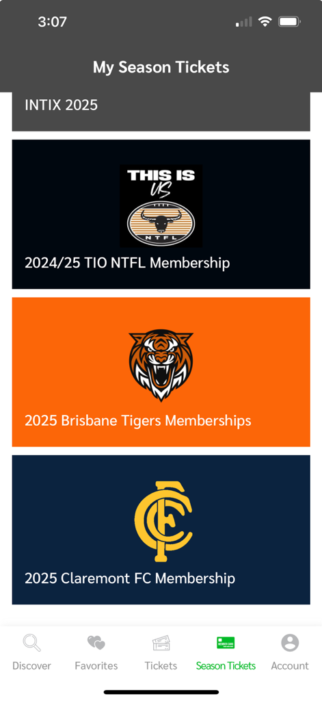 INTIX - Screenshot of the INTIX app showing the My Season Tickets section with various sports memberships like Brisbane Tigers and Claremont FC.