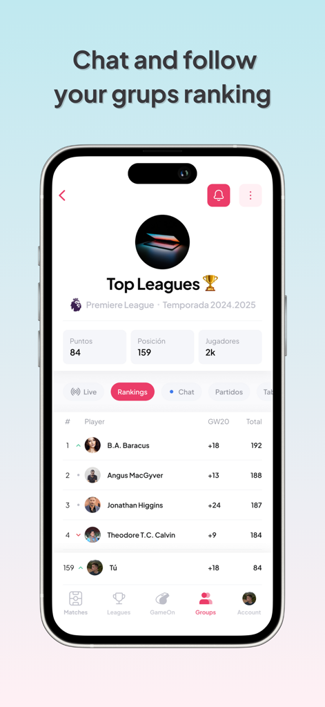Leaderboard screen showing group rankings and player scores in the GameOn soccer prediction app