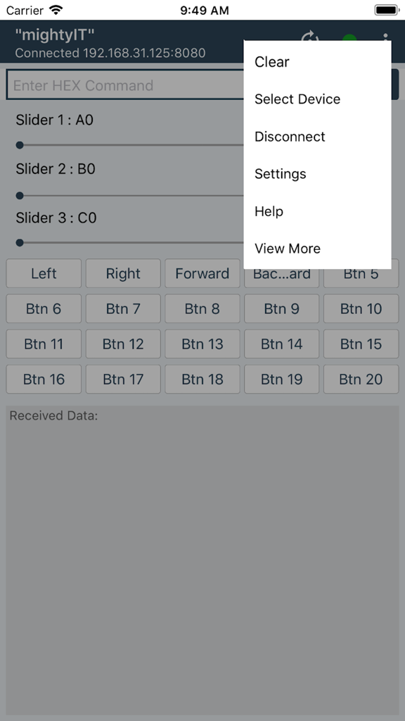 Main screen of the WiFi Controller ESP8266 app with an open options menu