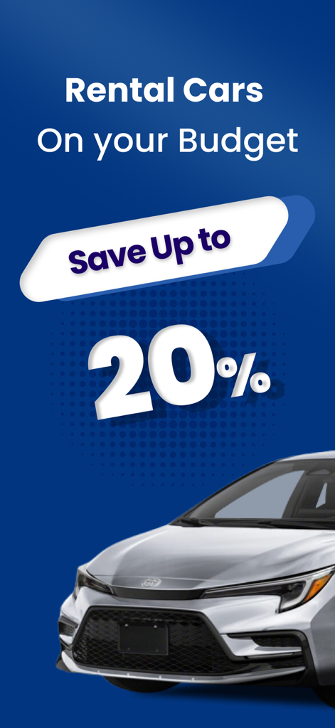 Cheap Car Rental・Cars Hire App - Promotional screen for car hire app showing save up to 20 percent on rental cars