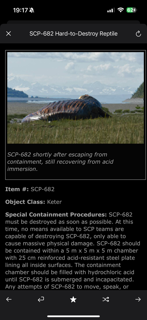 SCP Foundation Archive nn5n - A mobile app interface displaying the SCP 682 entry with an image of the creature and its containment procedures.