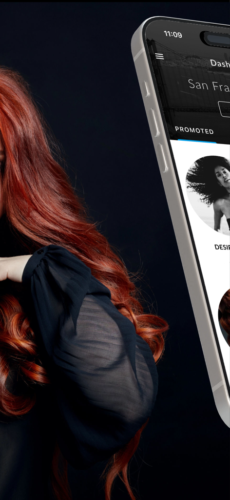 Pro Photo Shoot - An iPhone displaying the Pro Photo Shoot app dashboard with talent profiles next to a model with long red hair