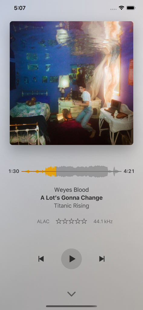 Plexamp mobile App Now Playing-Bildschirm mit Albumcover und Informationen zur hochwertigen Audioqualität