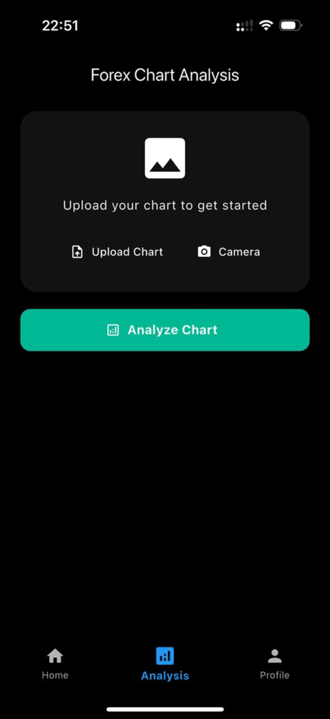 Forex Genius app interface for AI chart analysis showing options to upload a chart or use the camera