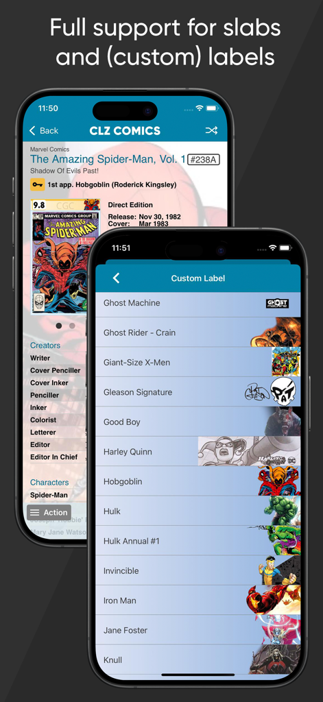 CLZ Comics collection database - CLZ Comics app interface showing details for a graded comic slab and a list of custom organization labels.