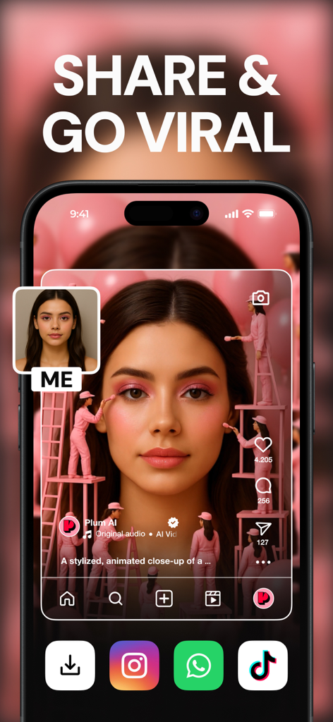 Interface of Plum AI Fun Video Generator showing a viral creative video with tiny crew style and social media share options